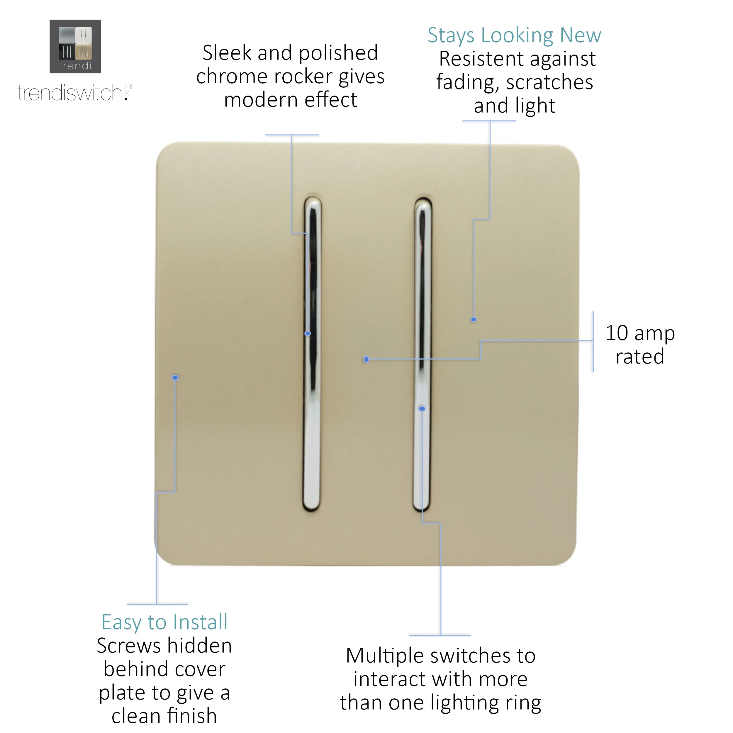 2 Gang 2 Way 10 Amp Rocker Champagne Gold ART-SS4GO  Trendi Champagne Gold